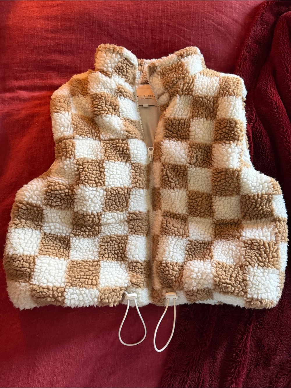 Wild Rose Cream and Tan Check Sherpa Vest